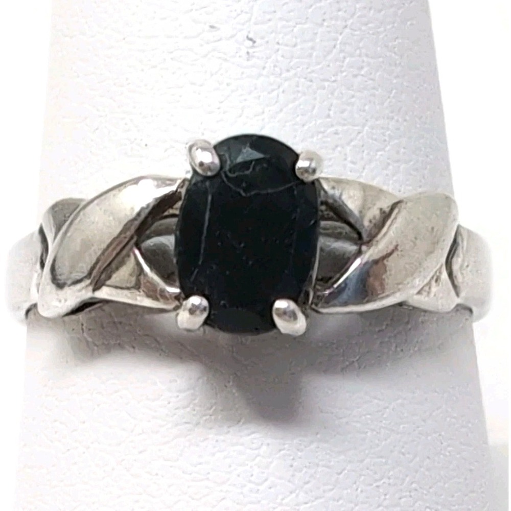 925 Sterling Silver Blue/Black Sapphire Gemstone Ring X Design Women's Size 8.75
